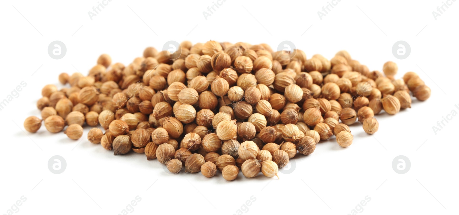 Photo of Heap of dried coriander seeds on white background