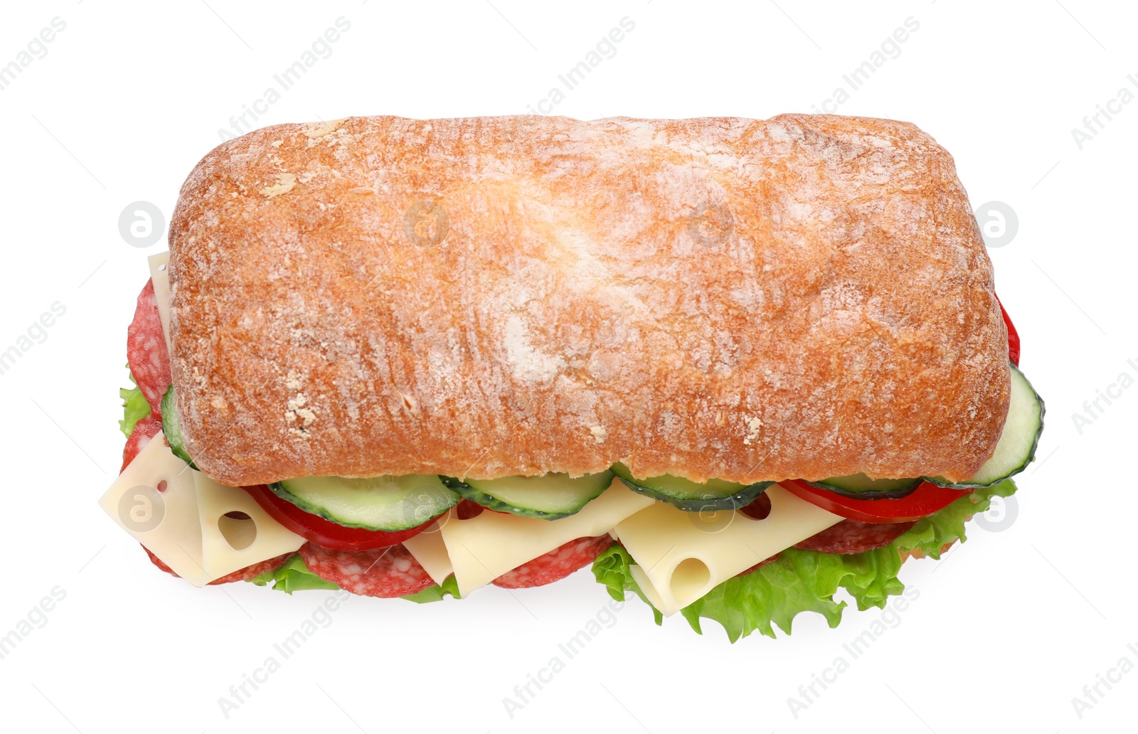 Photo of Delicious sandwich with fresh vegetables, cheese and salami isolated on white, above view
