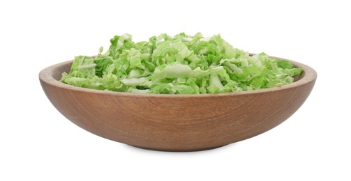 Photo of Shredded fresh Chinese cabbage in bowl isolated on white