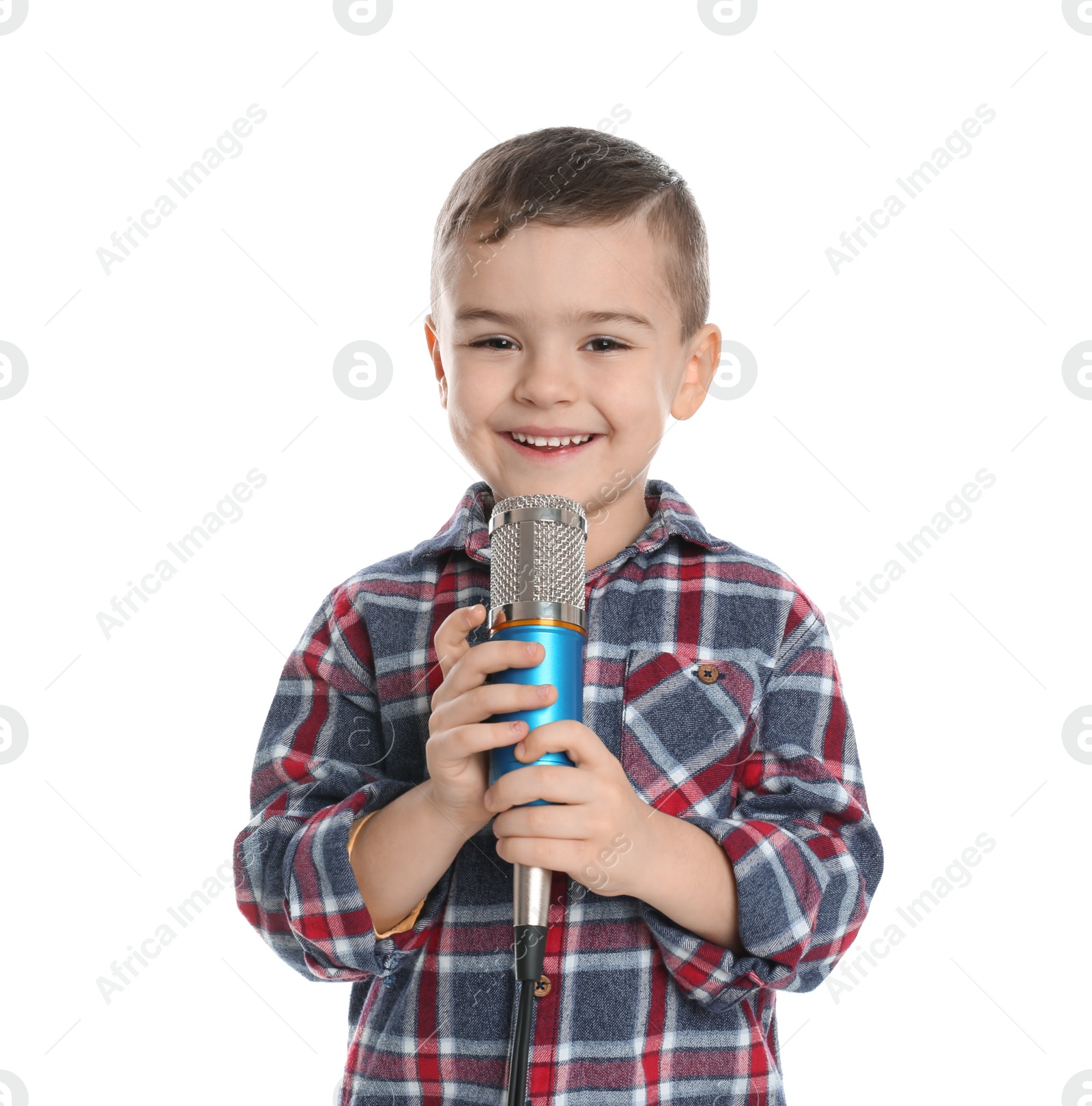 Photo of Cute funny boy with microphone on white background