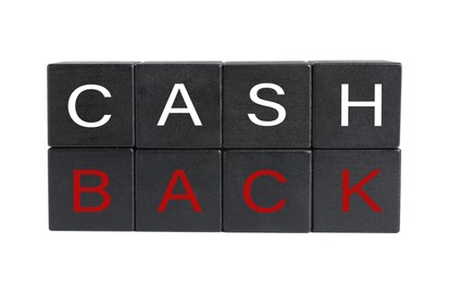 Photo of Black cubes with word Cashback on white background