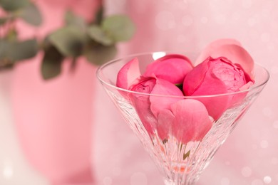 Photo of Martini glass with flowers on pink background, closeup. Space for text