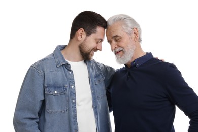 Photo of Happy son and his dad on white background