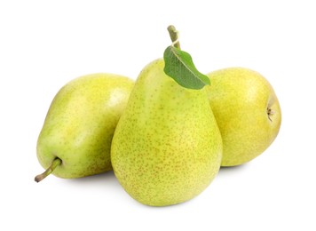 Photo of Tasty ripe pears with leaf on white background