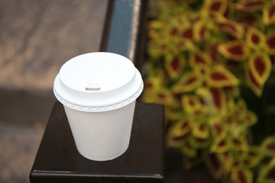 Cardboard cup of tasty coffee near flower bed outdoors, closeup. Space for text