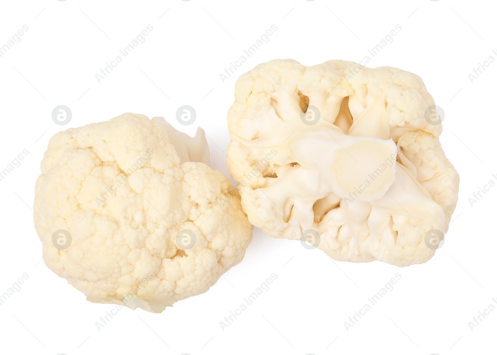 Photo of Cut fresh raw cauliflowers on white background, top view