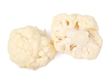 Photo of Cut fresh raw cauliflowers on white background, top view