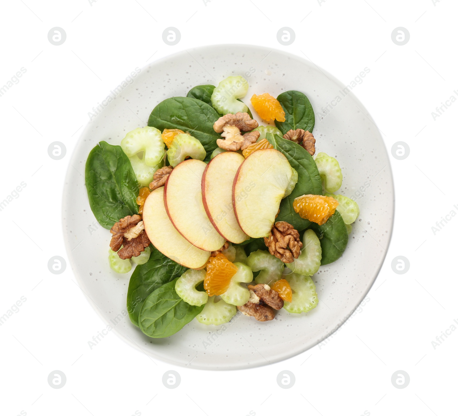 Photo of Delicious fresh celery salad isolated on white, top view