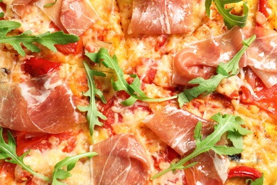 Photo of Delicious hot pizza with meat as background, closeup