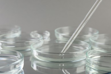 Many petri dishes and pipette on mirror surface, closeup