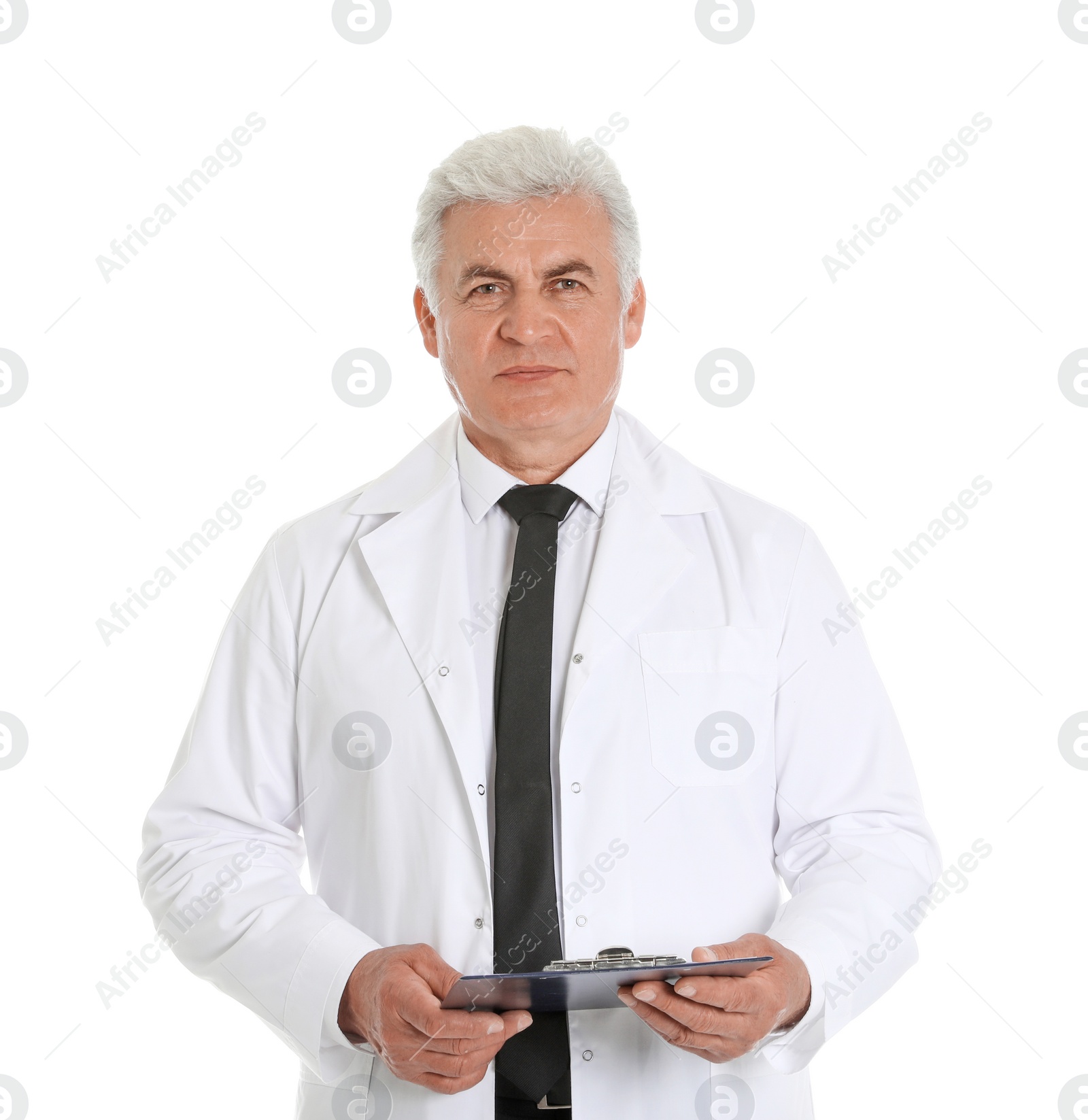 Photo of Portrait of male doctor with clipboard isolated on white. Medical staff