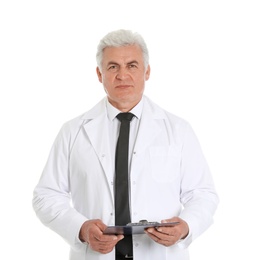 Photo of Portrait of male doctor with clipboard isolated on white. Medical staff