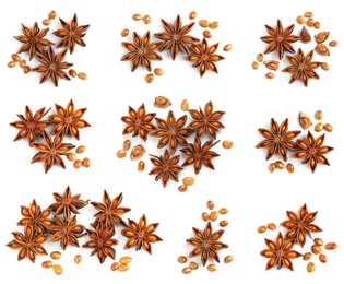 Set with dry anise anise stars on white background, top view