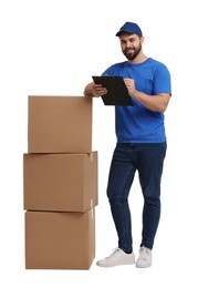 Photo of Happy young courier with stack of parcels and clipboard on white background