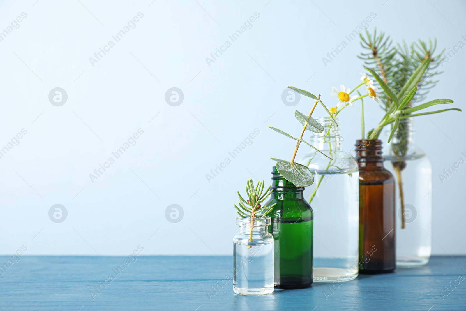 Photo of Glass bottles of different essential oils with plants on table. Space for text