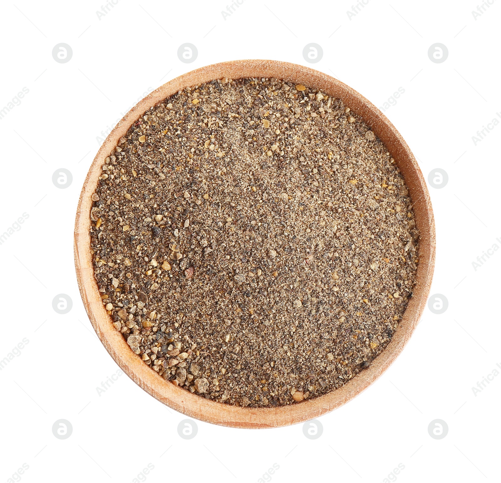 Photo of Bowl of ground black pepper isolated on white, top view