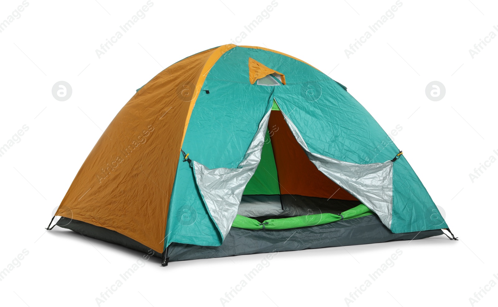 Photo of Bright colorful camping tent on white background