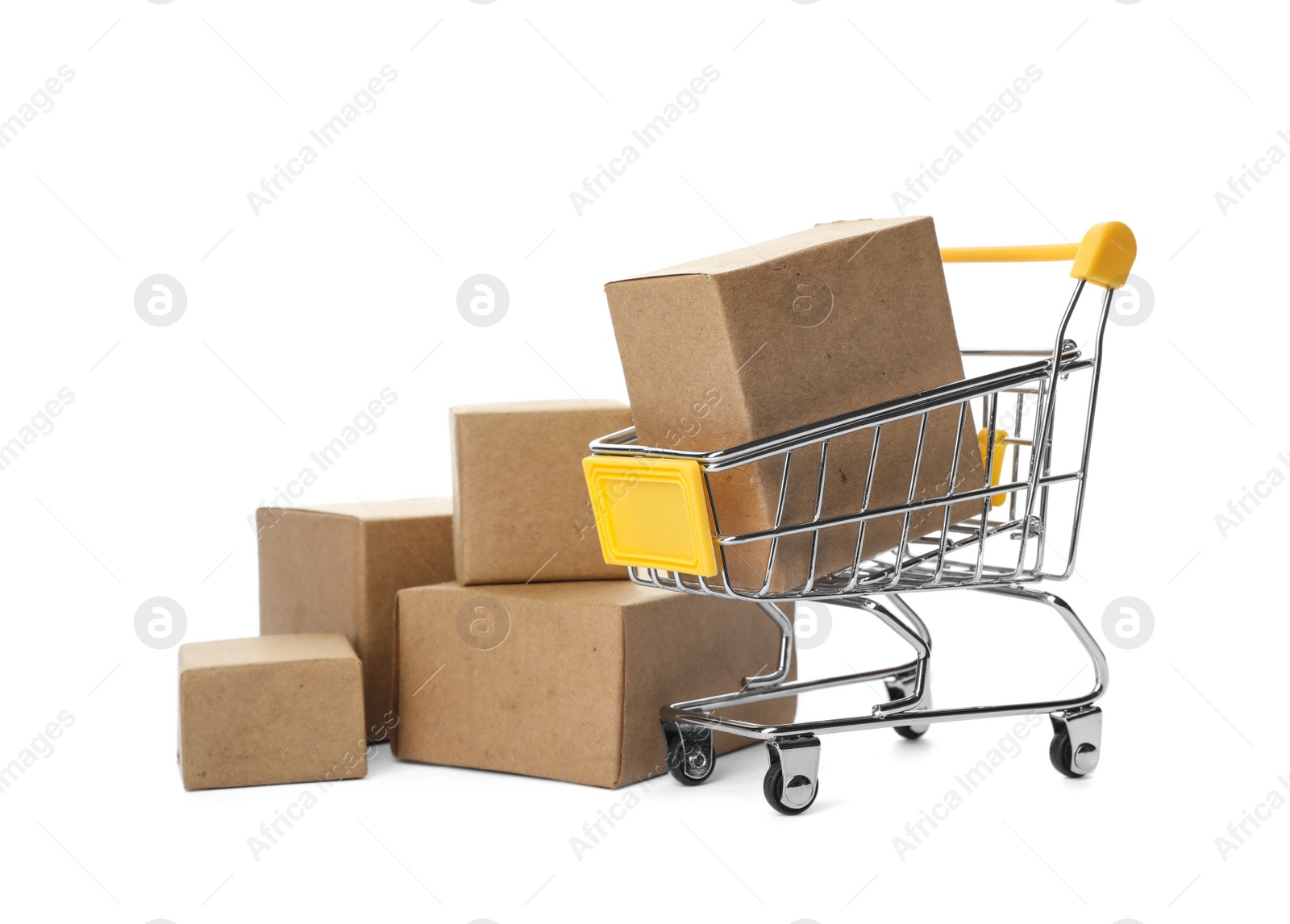 Photo of Shopping cart and boxes isolated on white. Logistics and wholesale concept