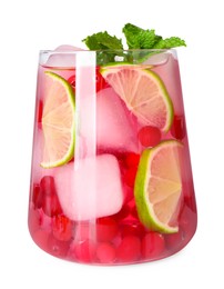 Photo of Tasty cranberry cocktail with ice cubes, mint and lime in glass isolated on white