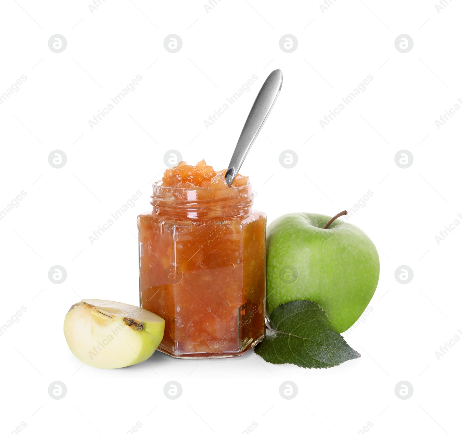 Photo of Glass jar of delicious apple jam and fresh fruits isolated on white