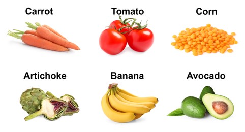 Image of Set with different products rich in fiber on white background. Banner design