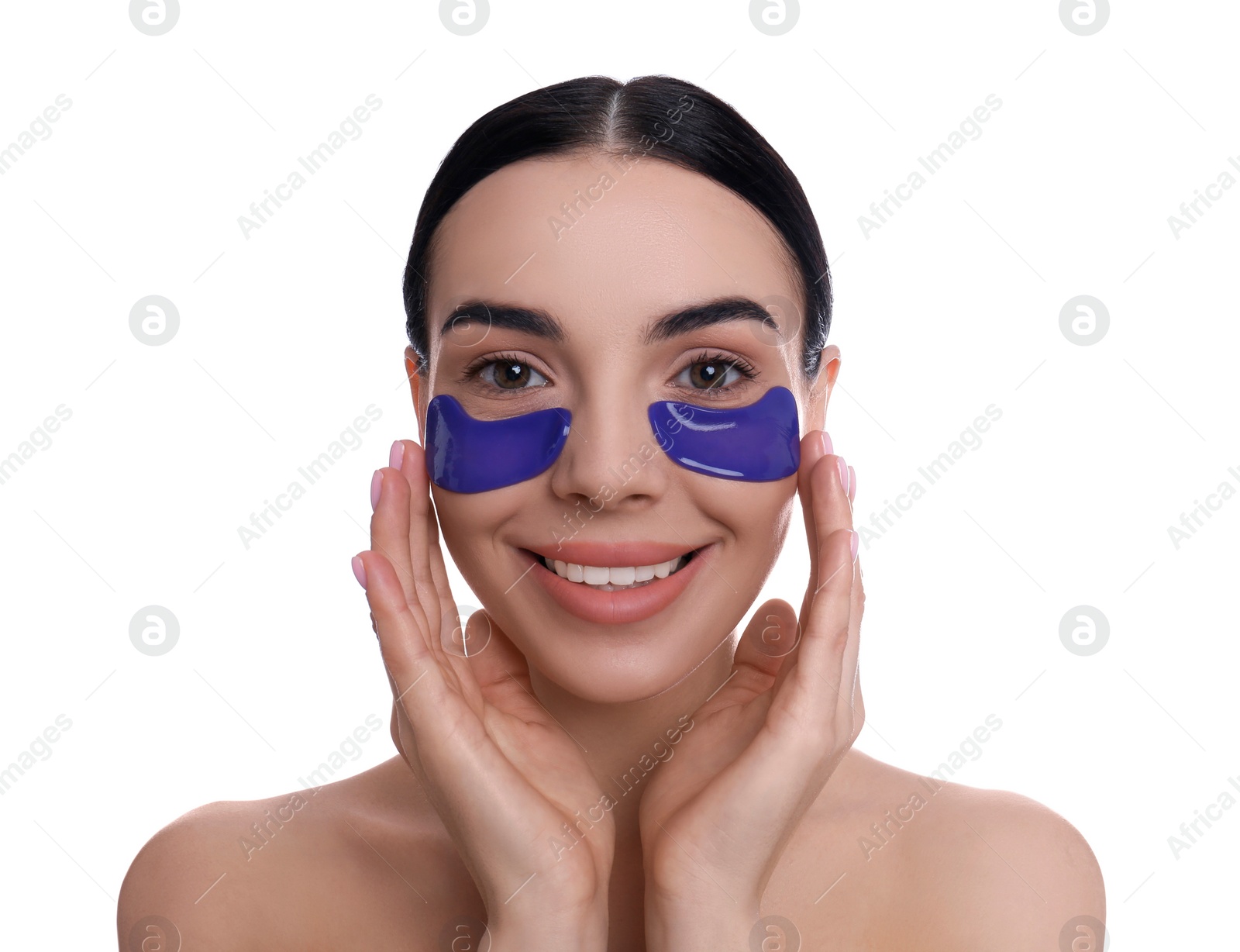 Photo of Beautiful young woman with under eye patches on white background