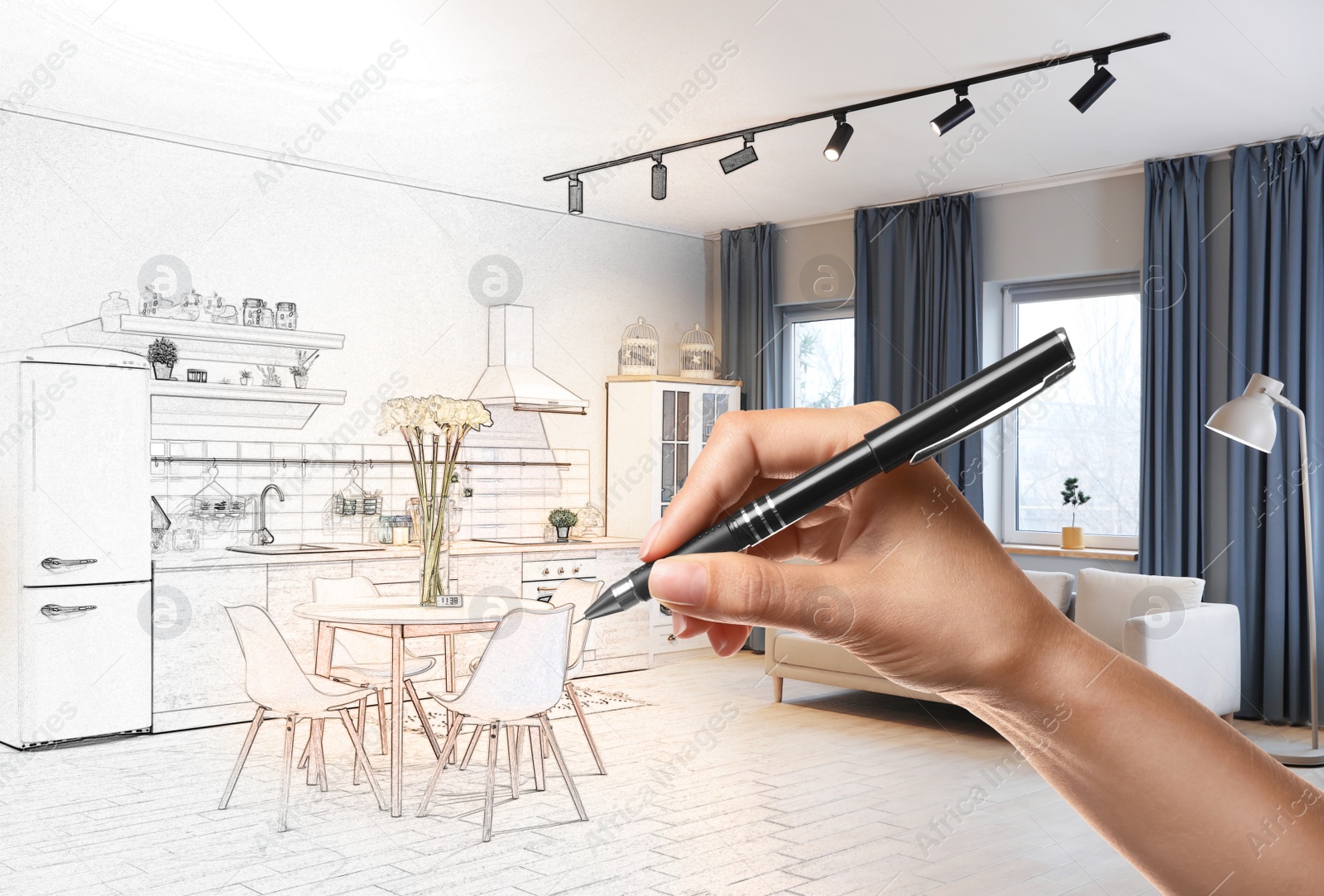 Image of Woman drawing kitchen interior, closeup. Combination of photo and sketch