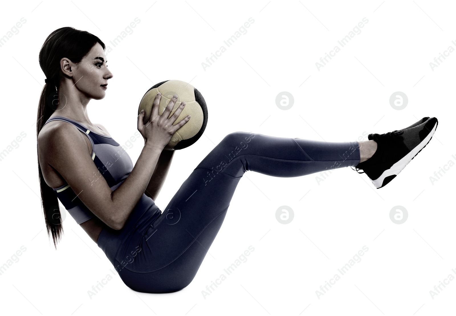 Image of Athletic woman doing exercise with medicine ball isolated on white