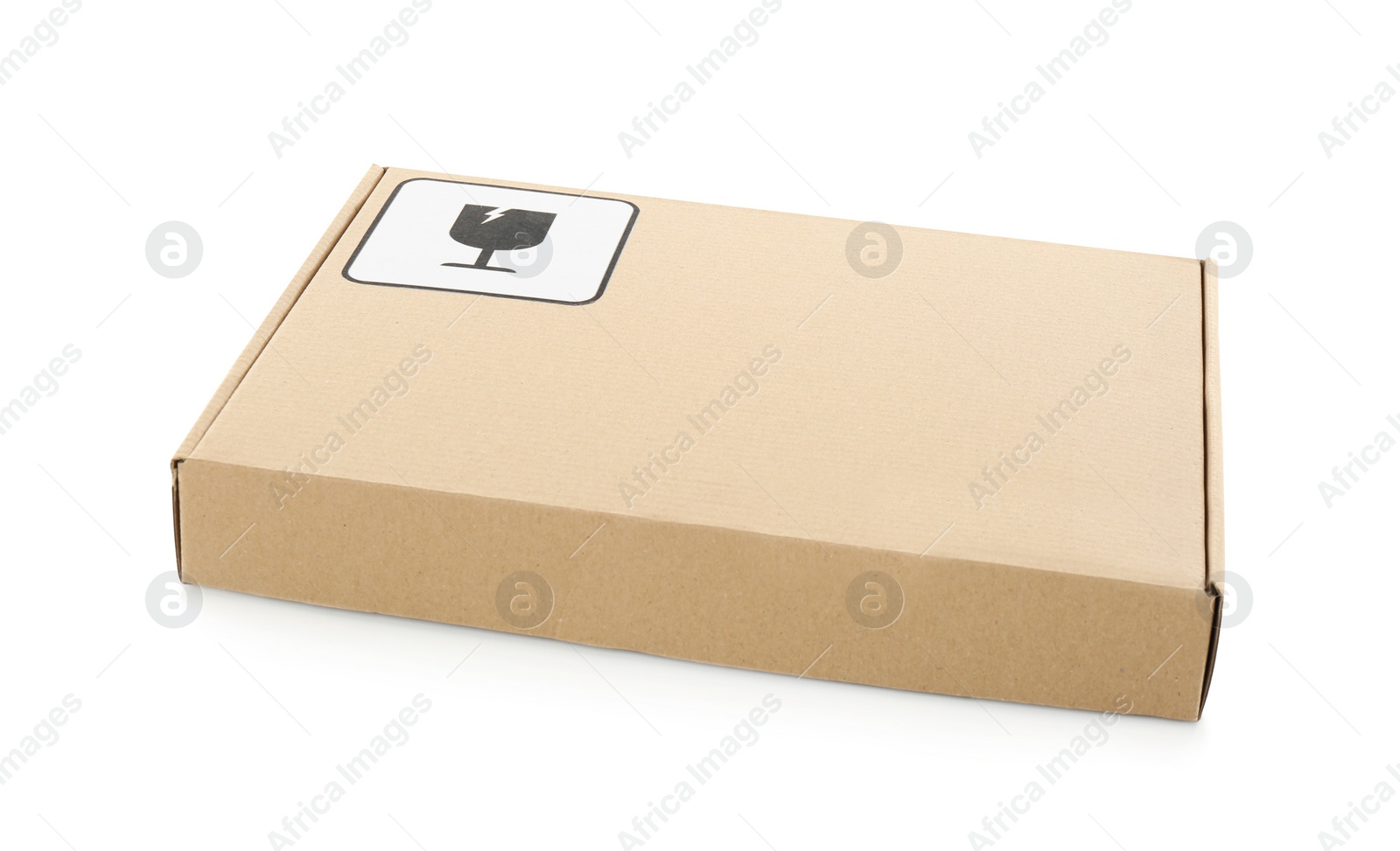 Photo of Cardboard box with packaging symbol isolated on white. Parcel delivery