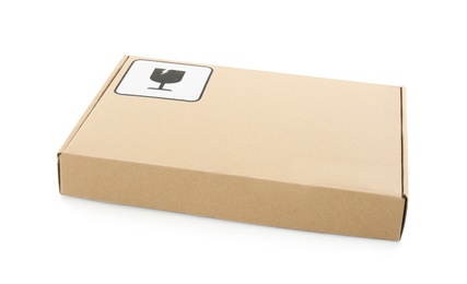 Cardboard box with packaging symbol isolated on white. Parcel delivery