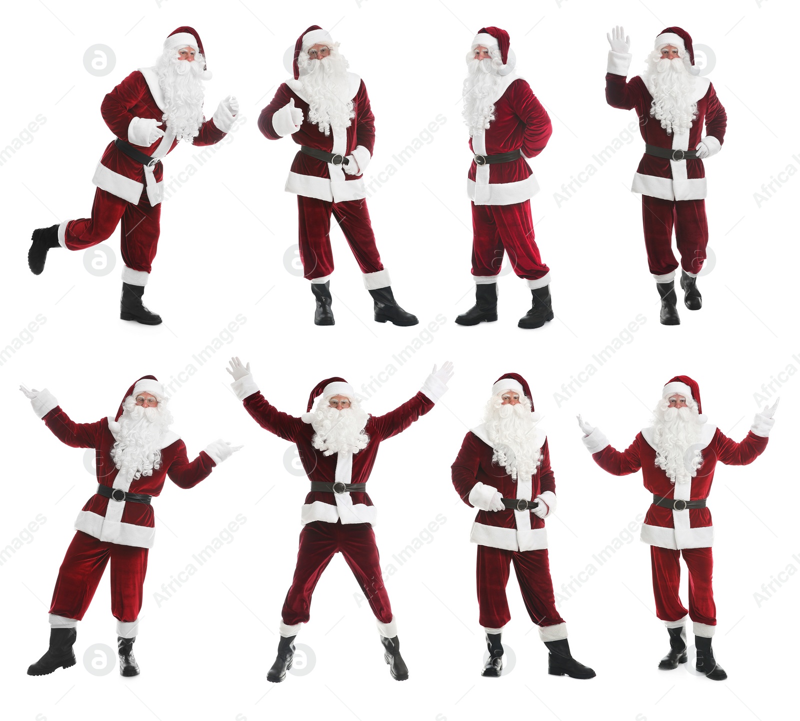 Image of Collage with photos of Santa Claus on white background