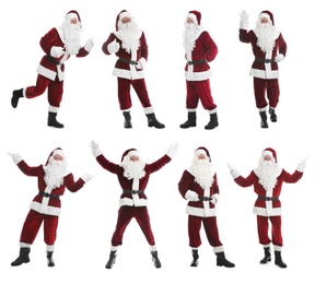 Collage with photos of Santa Claus on white background