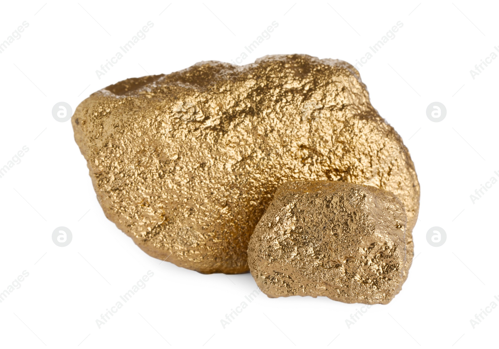 Photo of Two shiny gold nuggets on white background