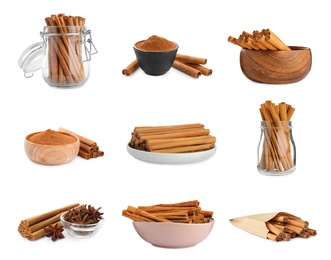 Image of Set with aromatic cinnamon sticks and powder on white background