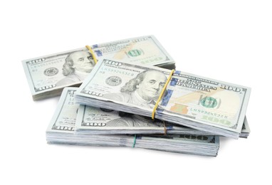 Photo of Many dollar banknotes on white background. American national currency