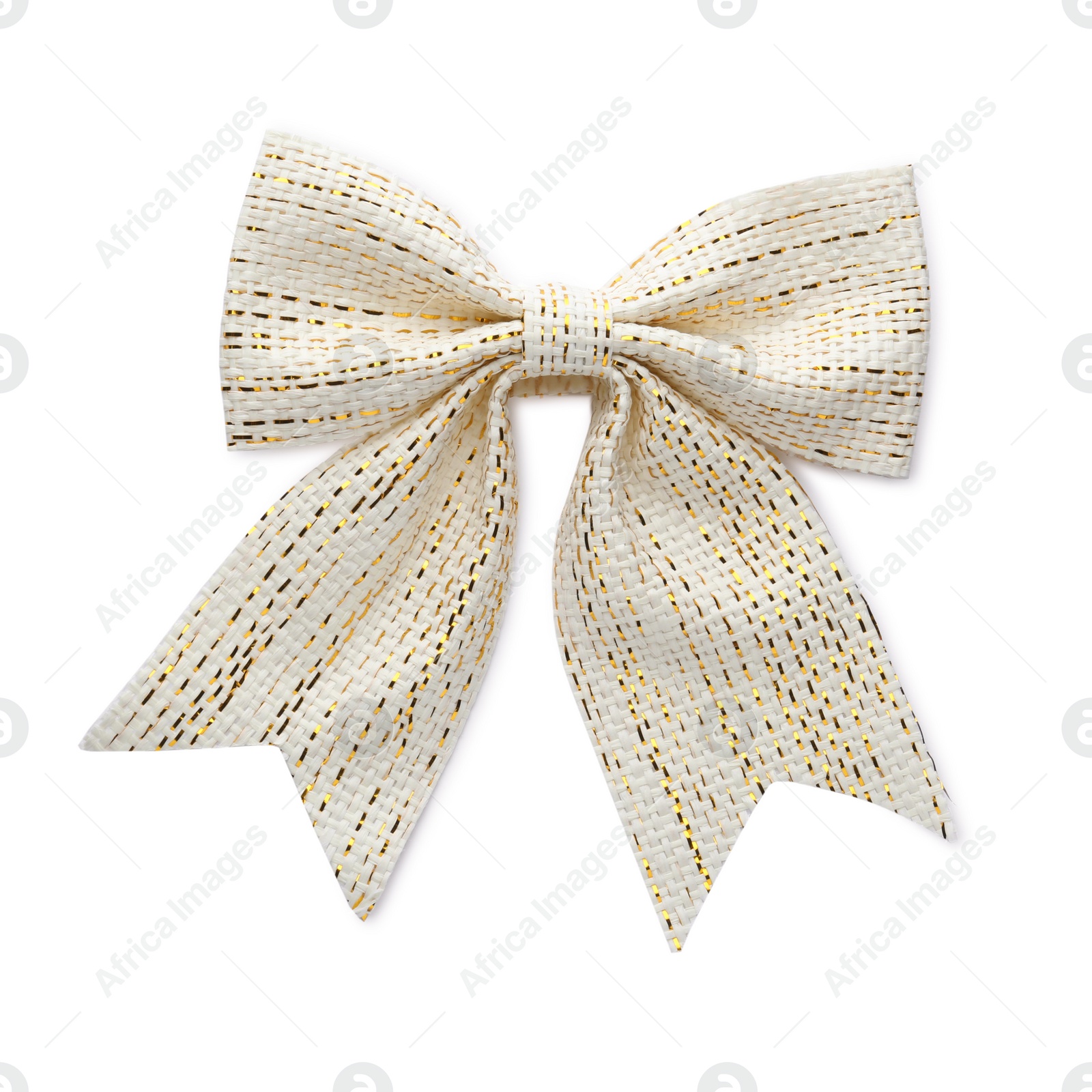 Photo of Pretty burlap bow with golden thread isolated on white