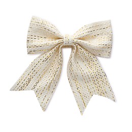 Pretty burlap bow with golden thread isolated on white