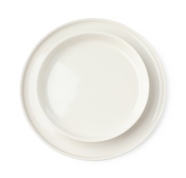 Photo of Beautiful empty ceramic plates on white background, top view