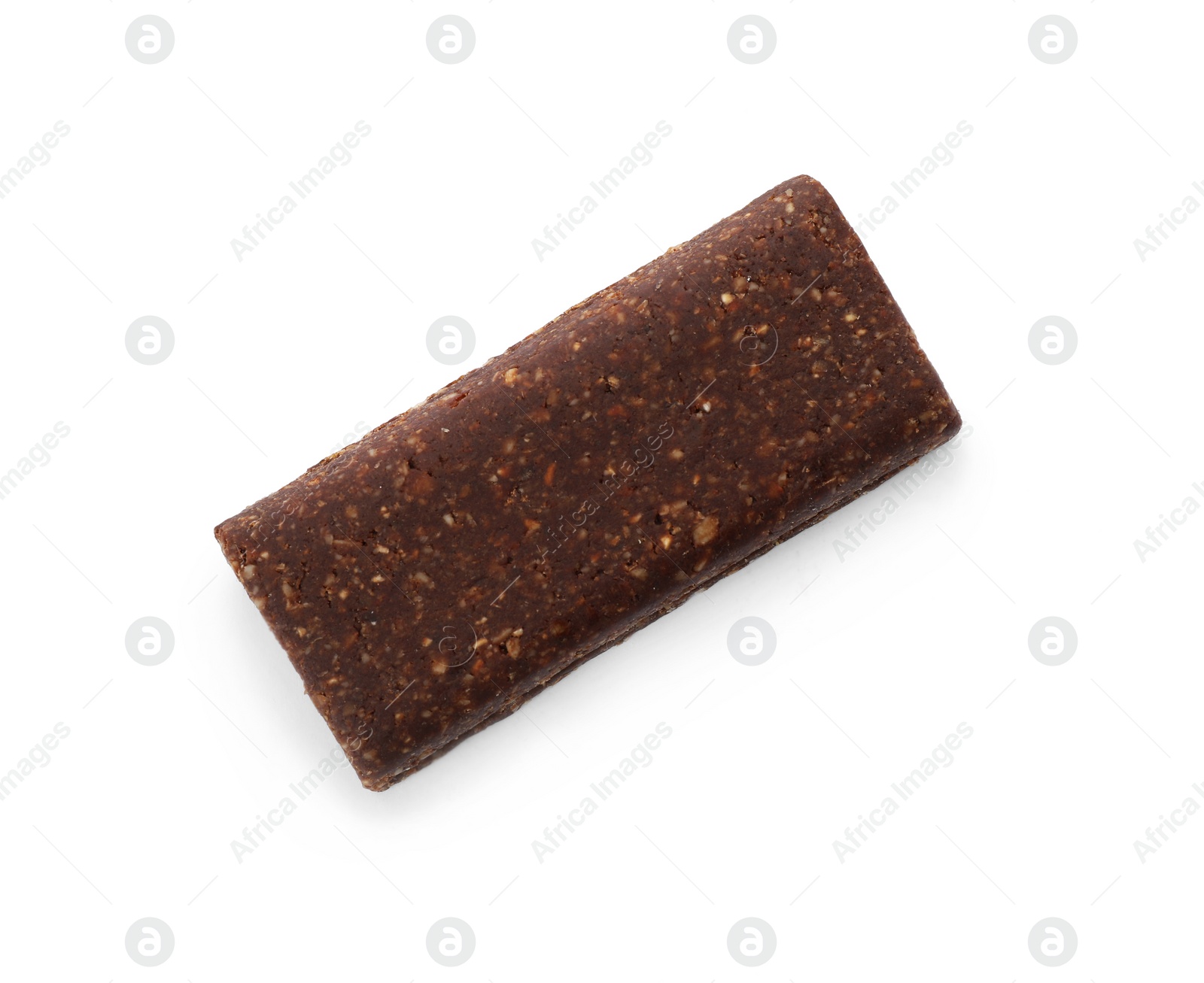 Photo of Tasty protein bar on white background, top view