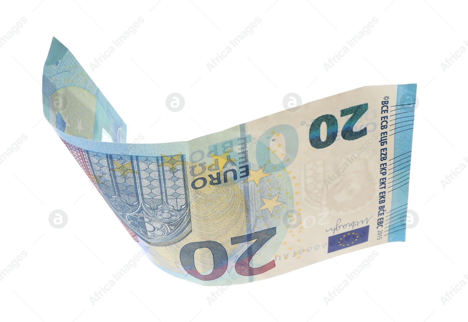 Photo of Flying twenty Euro banknote isolated on white