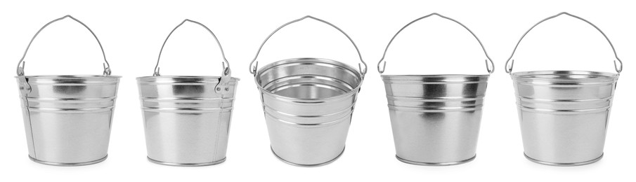 Image of Shiny metal buckets isolated on white, set