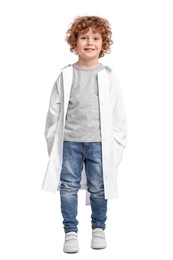 Full length portrait of little boy in medical uniform on white background