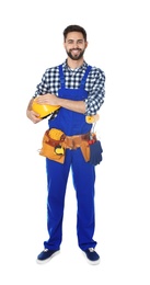 Photo of Full length portrait of construction worker with tool belt on white background