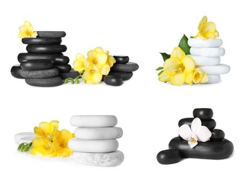 Image of Collage with different spa stones and flowers isolated on white