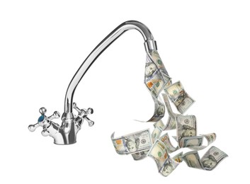 Image of Faucet and dollar banknotes on white background