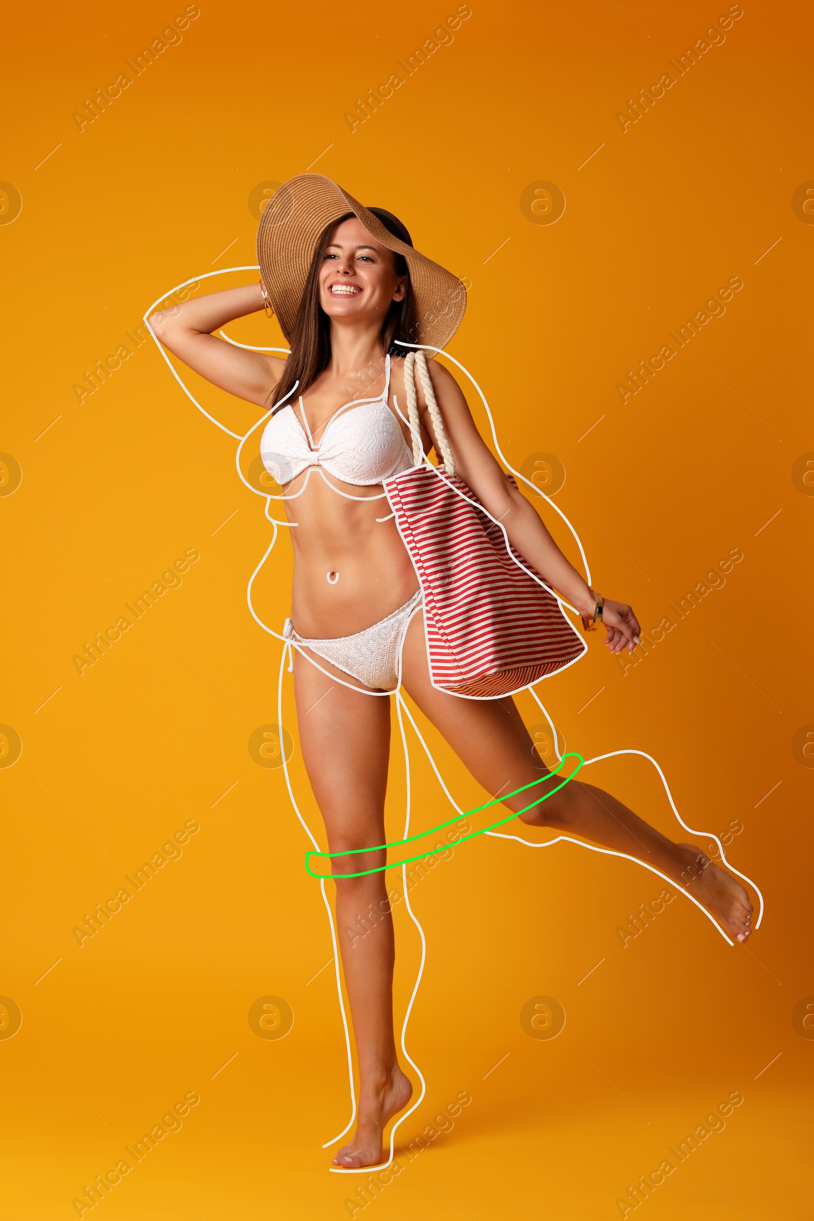 Image of Happy woman with slim body in swimsuit on orange background. Outline training with resistance band as her overweight figure before workout