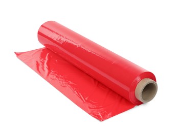 Photo of Roll of red plastic stretch wrap film isolated on white