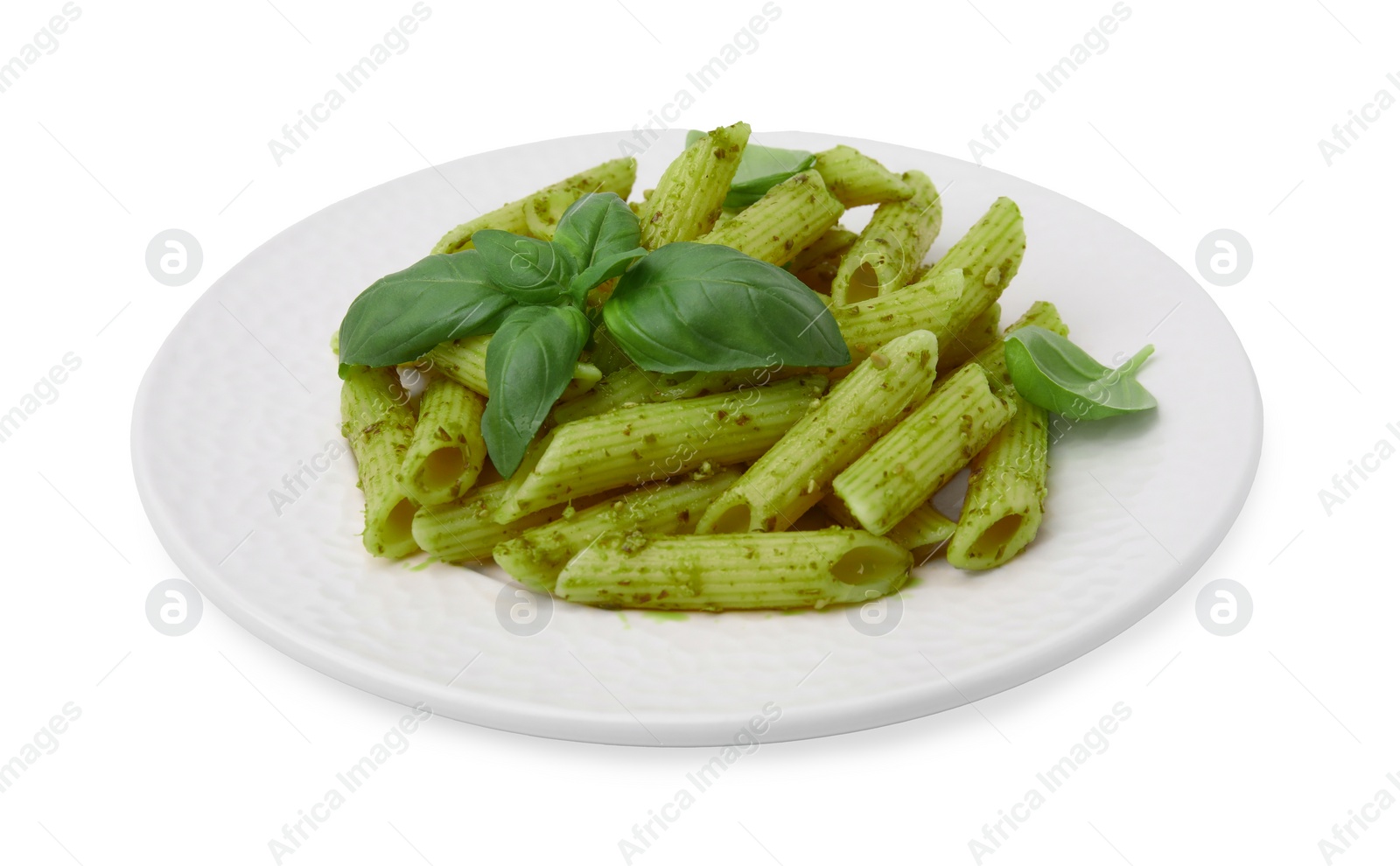 Photo of Delicious pasta with pesto sauce and basil isolated on white