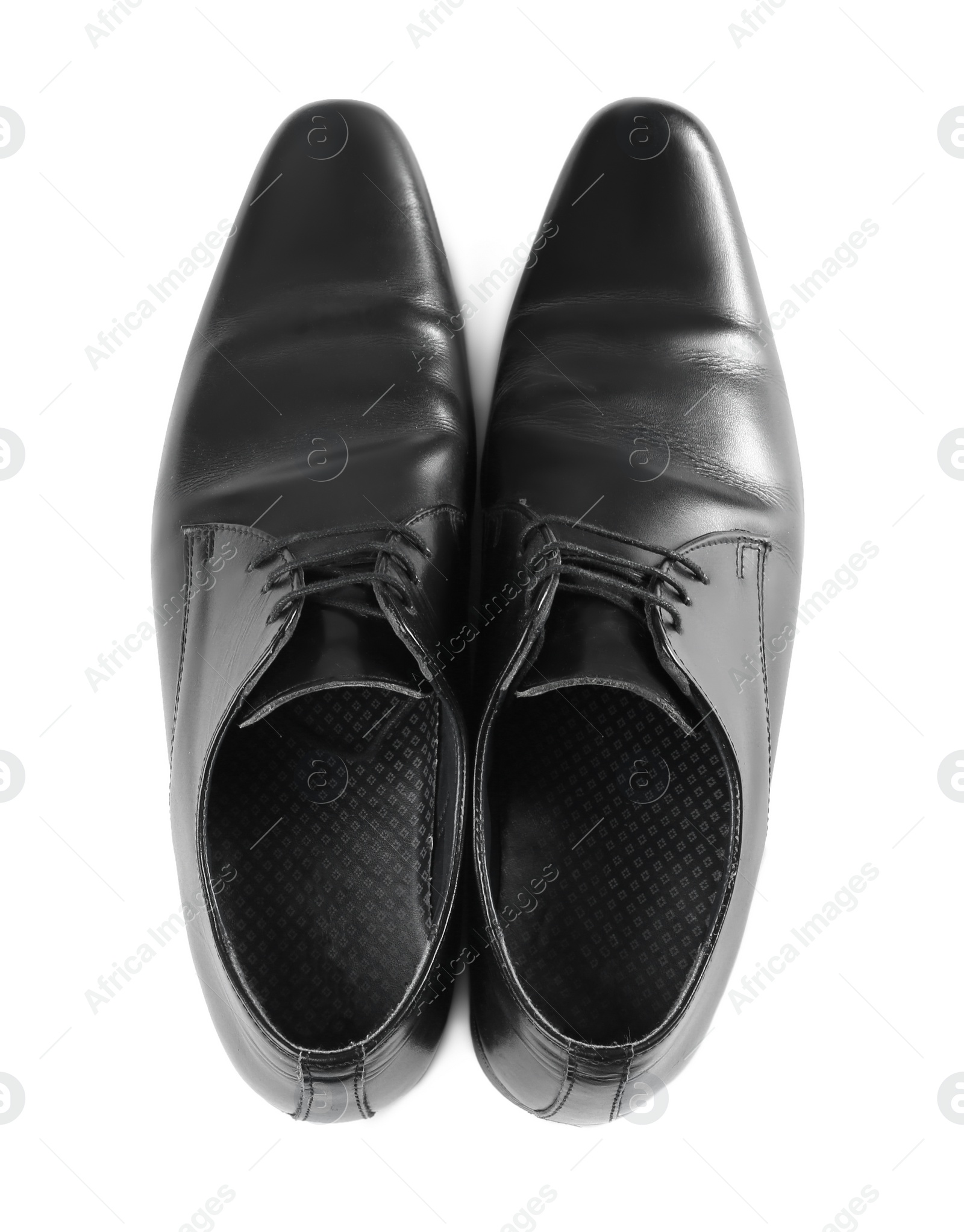 Photo of Pair of stylish leather shoes isolated on white, top view