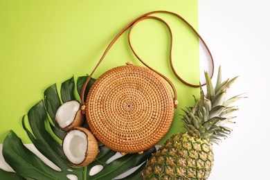 Photo of Flat lay composition with bamboo bag on color background